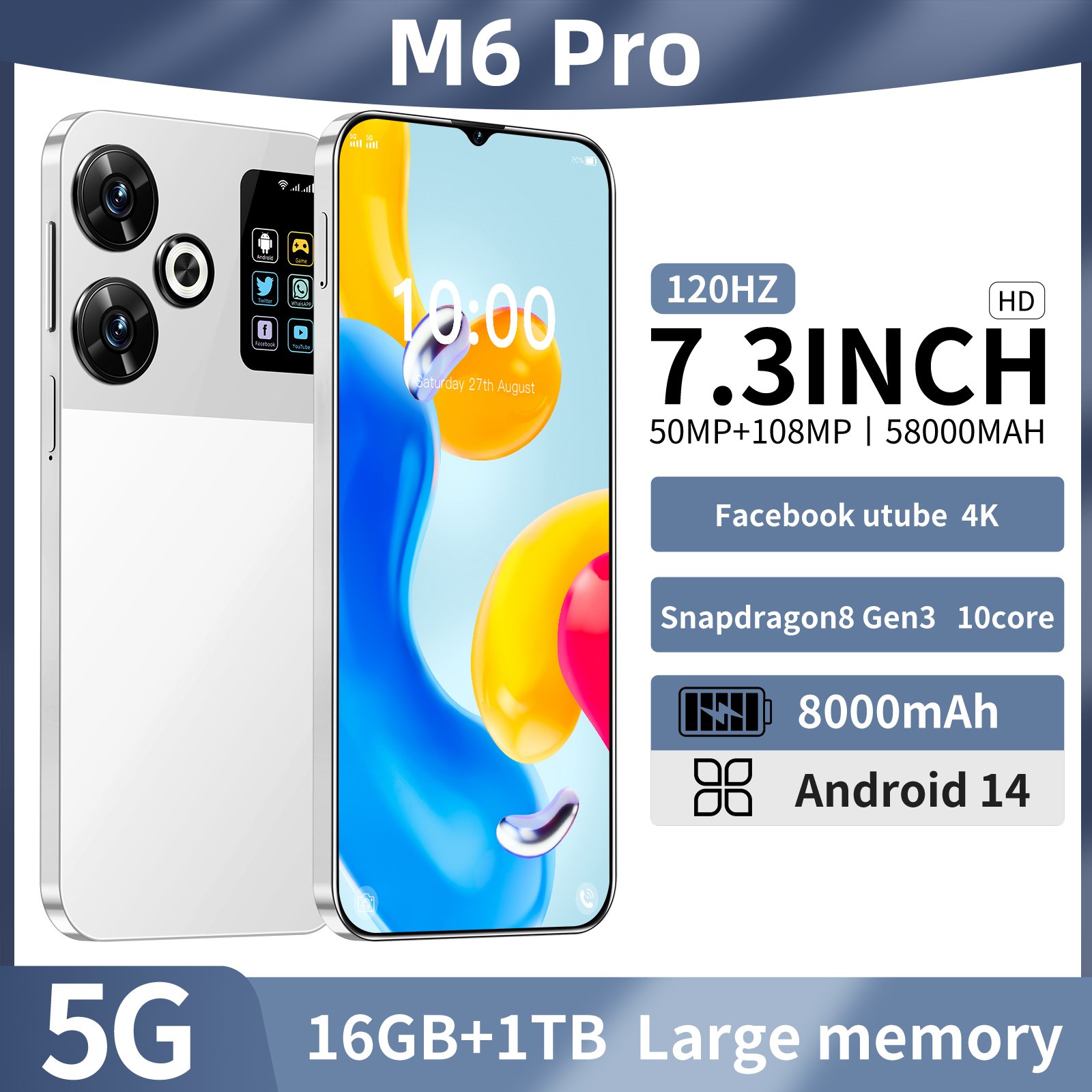 Wholesale Powerhouse 5G M6 Android Phones with Dual SIM 16GB RAM 1TB Storage and Advanced Face & Fingerprint Security